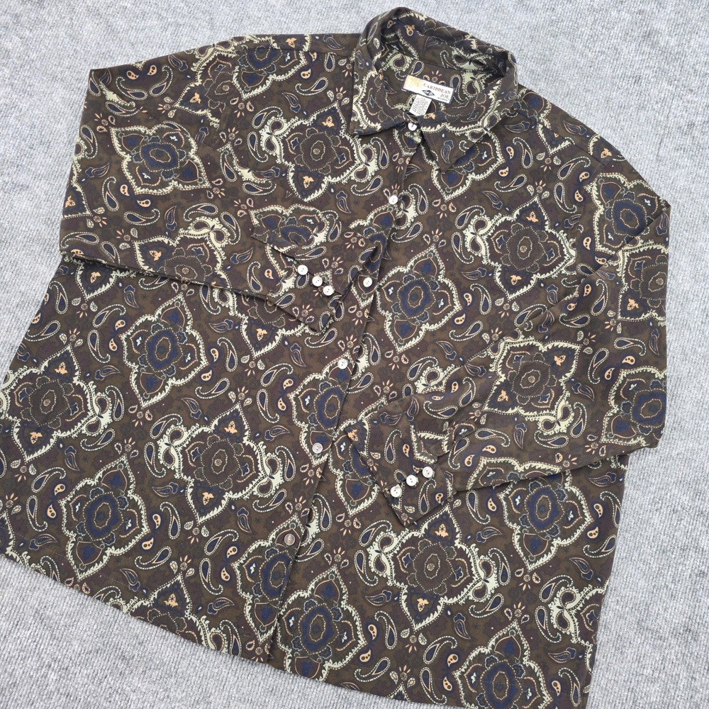 Caribbean Joe Woman Paisley Medallion Button Up Shirt Olive Green Plus 3X